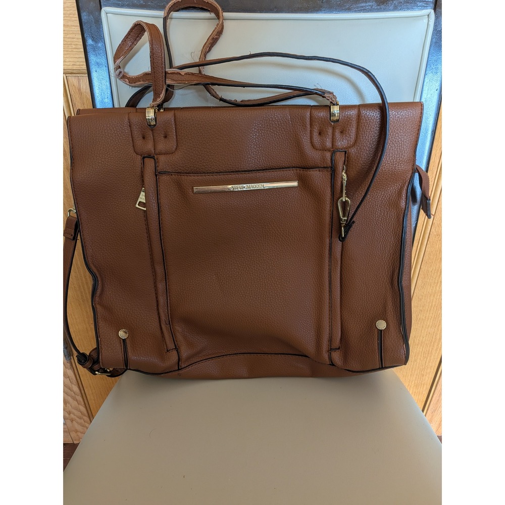 Steve Madden Brown Pebbled Faux Leather Tote Bag Gold Hardware Crossbody Strap